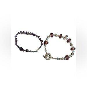 Purple Beaded Bracelet Set Amethyst Chip Stone Glass Crystal Toggle Barrel Clasp